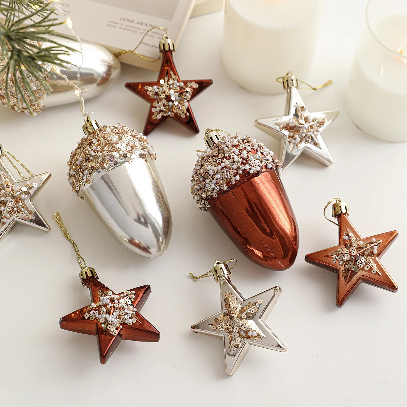 Festive Tree Decorations Coffee-brown Silver Christmas Star Ornaments Electroplated Glossy Finish Embedded Sequin Design