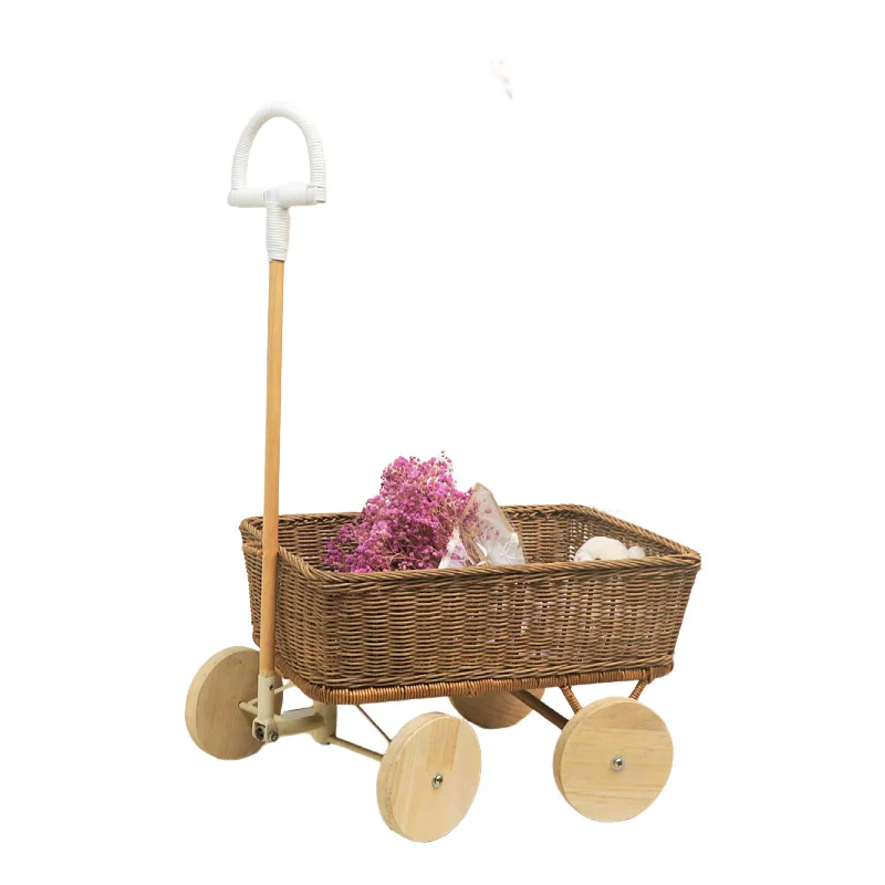 

Nordic children's stroller Natural rattan plush storage basket Children's outdoor tie rod stroller