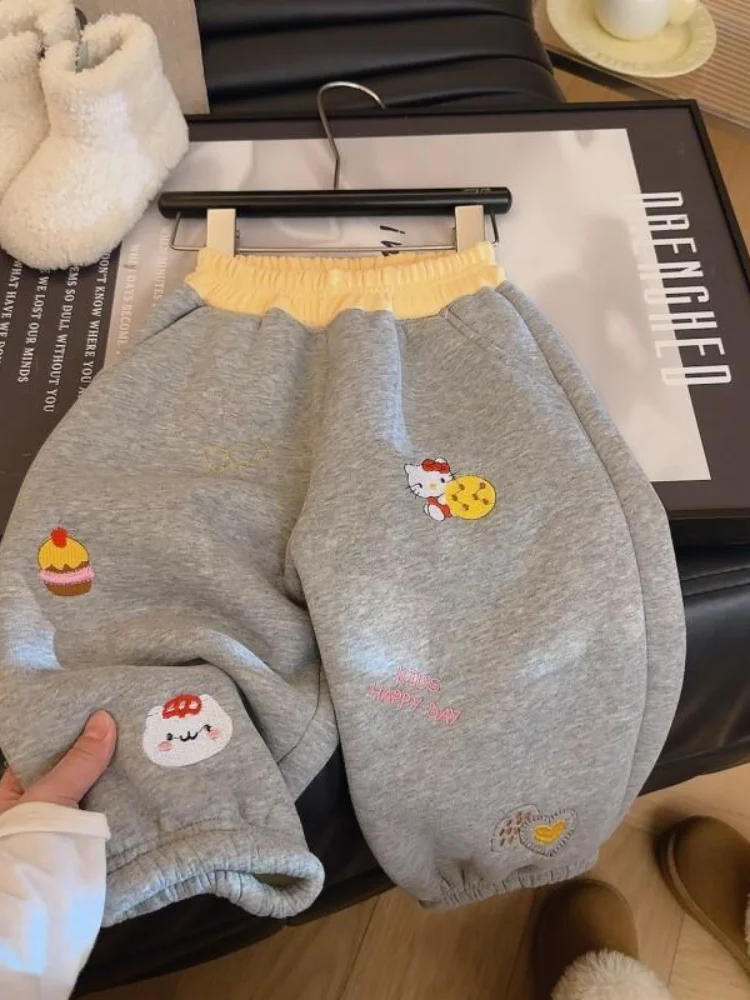 

Sanrio Hello Kitty Kids Cotton Fleece Lined Warm Pants Boys Girls Winter Thick Casual Trousers With Embroidery For Children