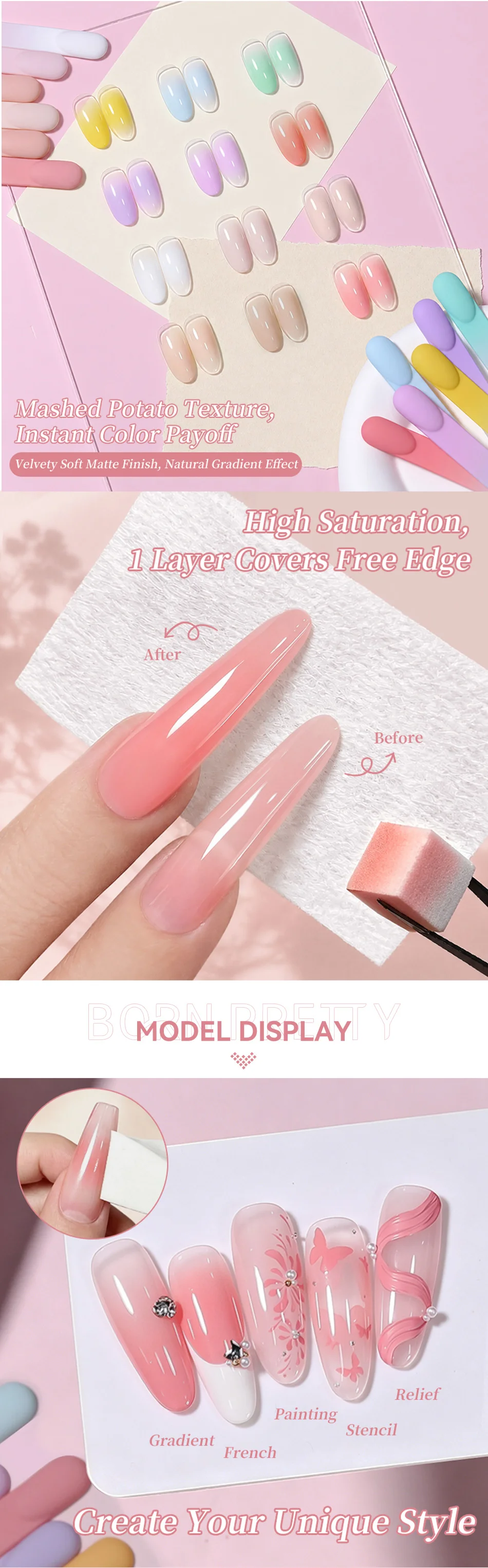 BORN PRETTY 6-Farben Pat Painting Gel, hochpigmentiert, natürlicher Nude-Ton, French Gradient, ablösbares UV-Stempelgel, Nagellack – Detail 2