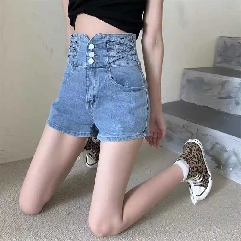 

Джинсовые шорты с высокой талией для женщин, летние, новые, стройнящие, А-силуэт, широкие штанины, хлопок, эластичная ткань, антибактериальные