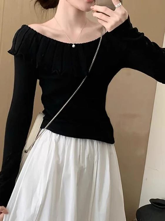 

Unique Beautiful One-oulder Knitted Base irt Doll Collar Women's Spring New Sle Floral Inner Wear Casual Faion