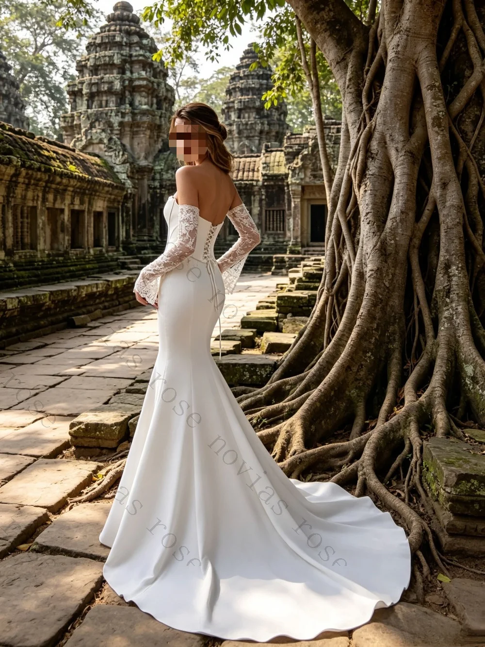 Customized Strapless V-shaped Slim Fit Gown with New Detachable Lace Long Sleeved Structured Corset Smooth Flared Hem Dresses