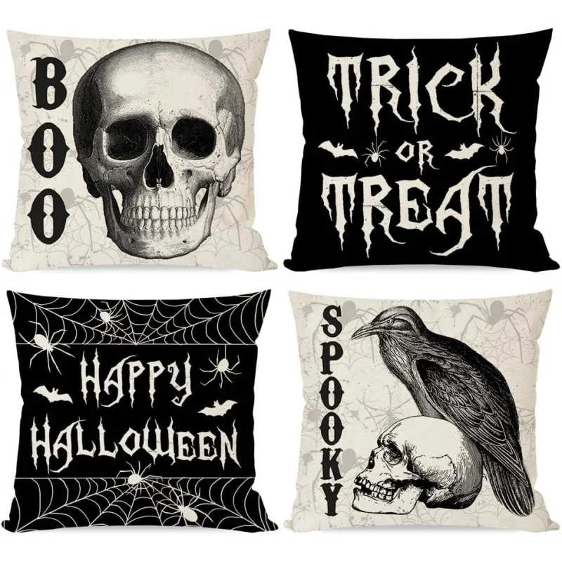 

Happy Halloween Pillowcase 18x18 Set, 4-piece Gothic Skeleton Crow Horror Cloth, Trick or Treat, Autumn Halloween Decoration