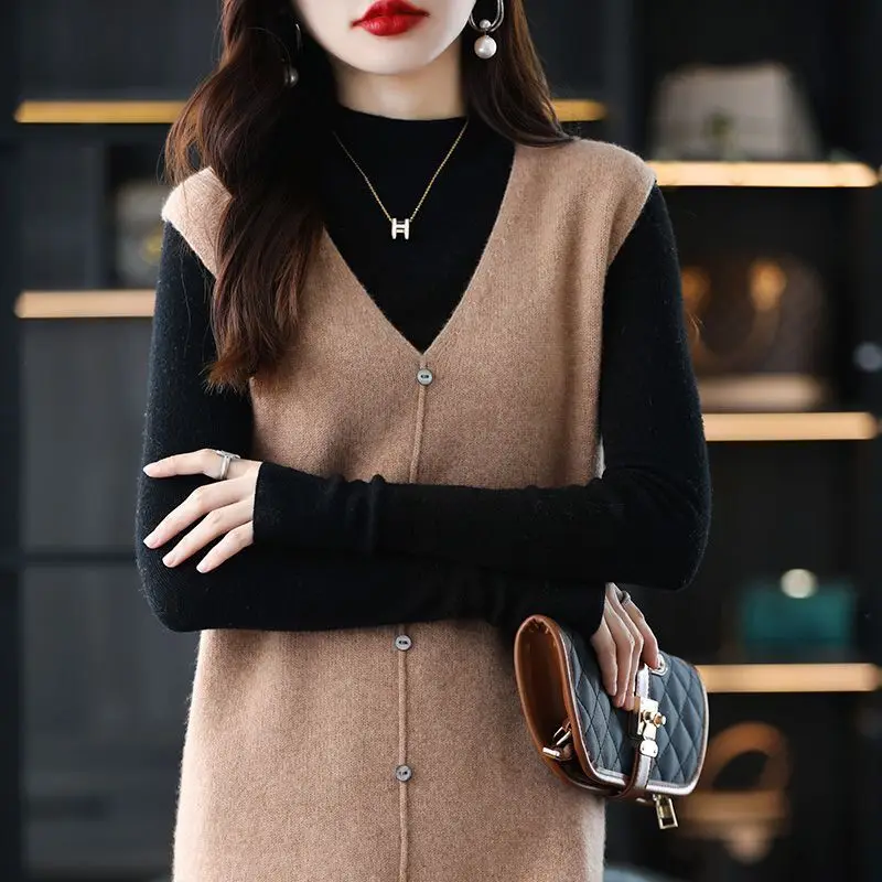 Long, Medium to Long Sleeveless Knitted Knee Length Vest Skirt Autumn Winter V-neck Solid Dress Stylish Sweater and Camisole