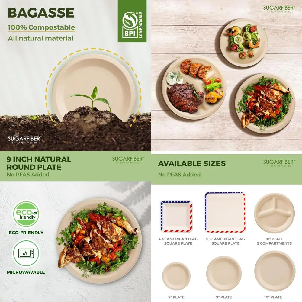 

9 круглых компостируемых бумажных тарелок, сверхпрочный натуральный мешок, одноразовый, без PFAS, экологически чистый сахарный тростник, большой ужин P