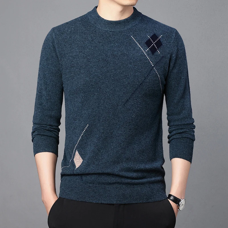 Winter Thick Pure Wool Sweet Keep Warm round Neck Young and Middle-Aged Casual Diamond Plain Inlay Men's Sweater