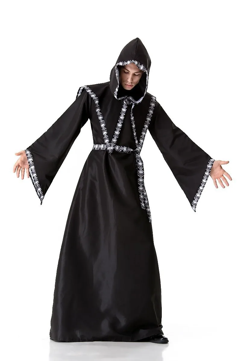 大人用ハロウィン司祭中世コスプレロープコスチュームカップル死の役割プレイスカルプリントフード付きマントセットパーティーカーニバル用