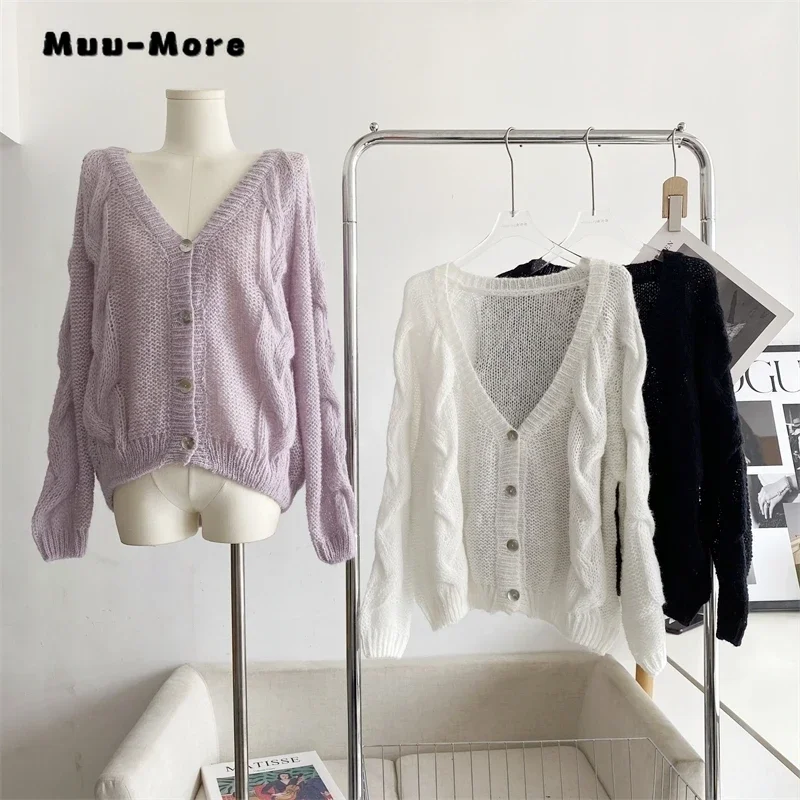 

2023 Winter Casual Office Lady Knitting Long Sleeve Sexy Cardigans Women's Fashion V-Neck Solid Color Elegant Thin Sweater Top