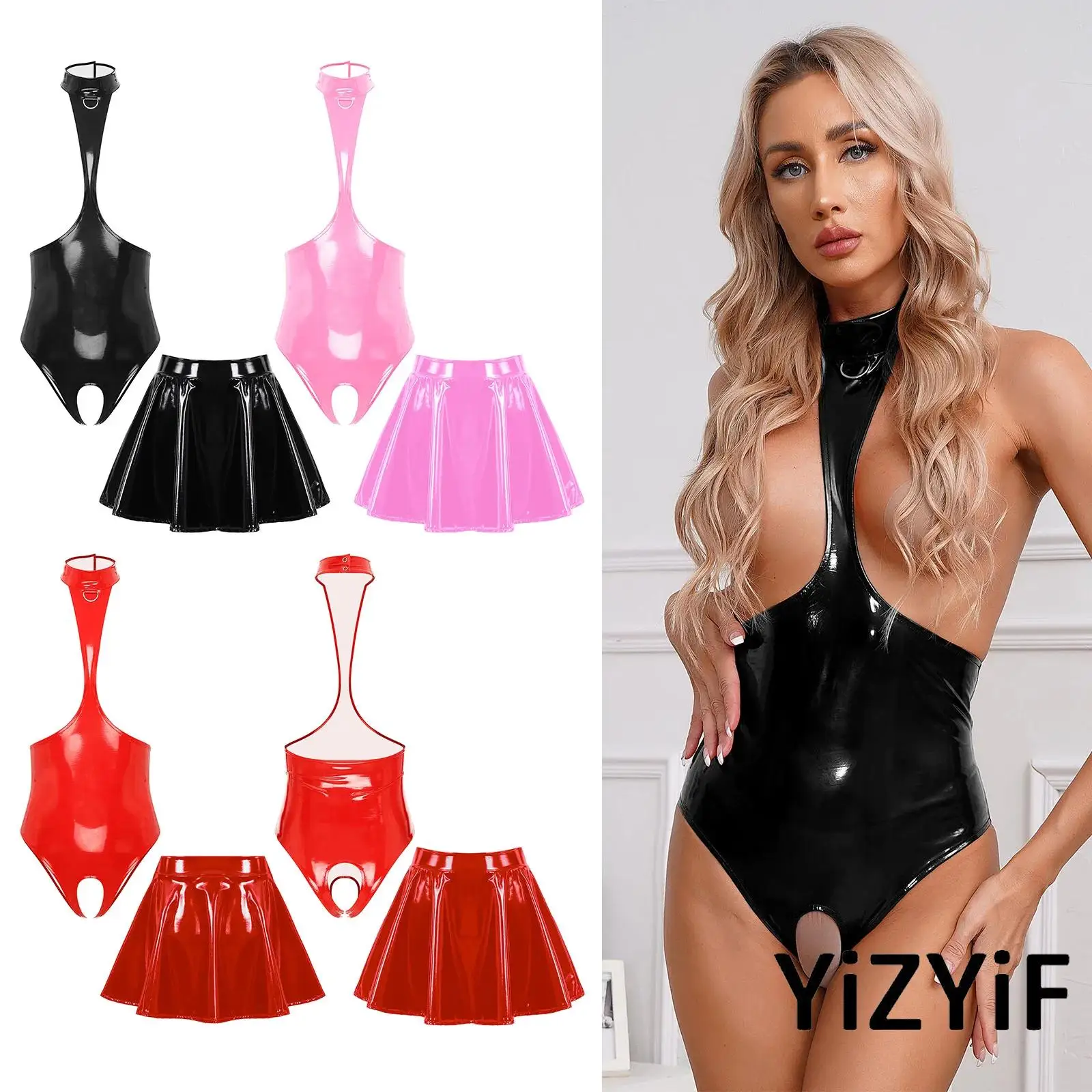 Глянцевая сексуальная клубная одежда для взрослых, комплект нижнего белья с открытой грудью и лямкой на шее, боди с вырезом в промежности и мини-юбка трапециевидной формы, ночное белье