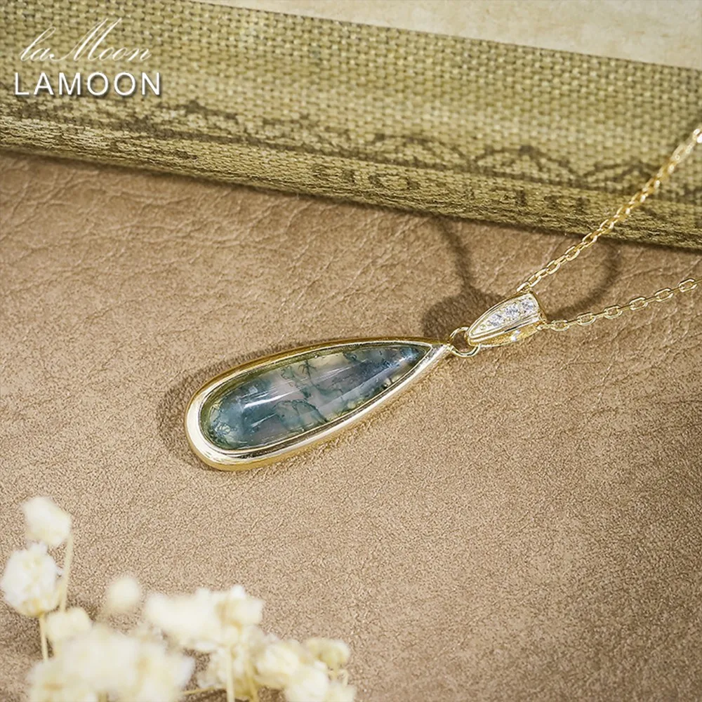 

LAMOON Luxury Natrual Aquatic Agate Pandent Necklace For Women 925 Sterling Silver Waterdrop Gemstone Gold Plated Fine Jewelry