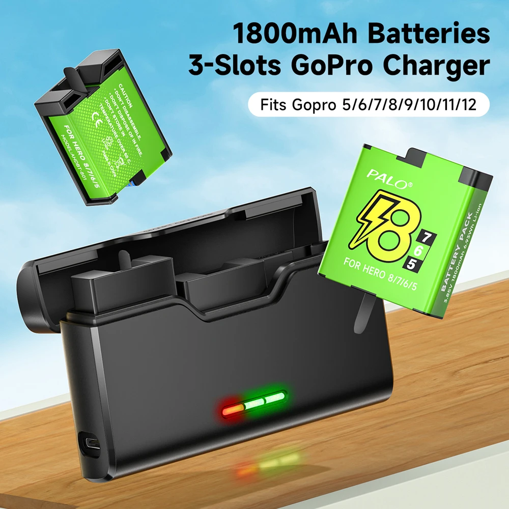 For GoPro 8 Hero 7 hero 6 hero 5 Battery + 3-Slots Storage Box Charger with Type C for GoPro 12 11 10 9 8 7 6 5 Camera Battery
