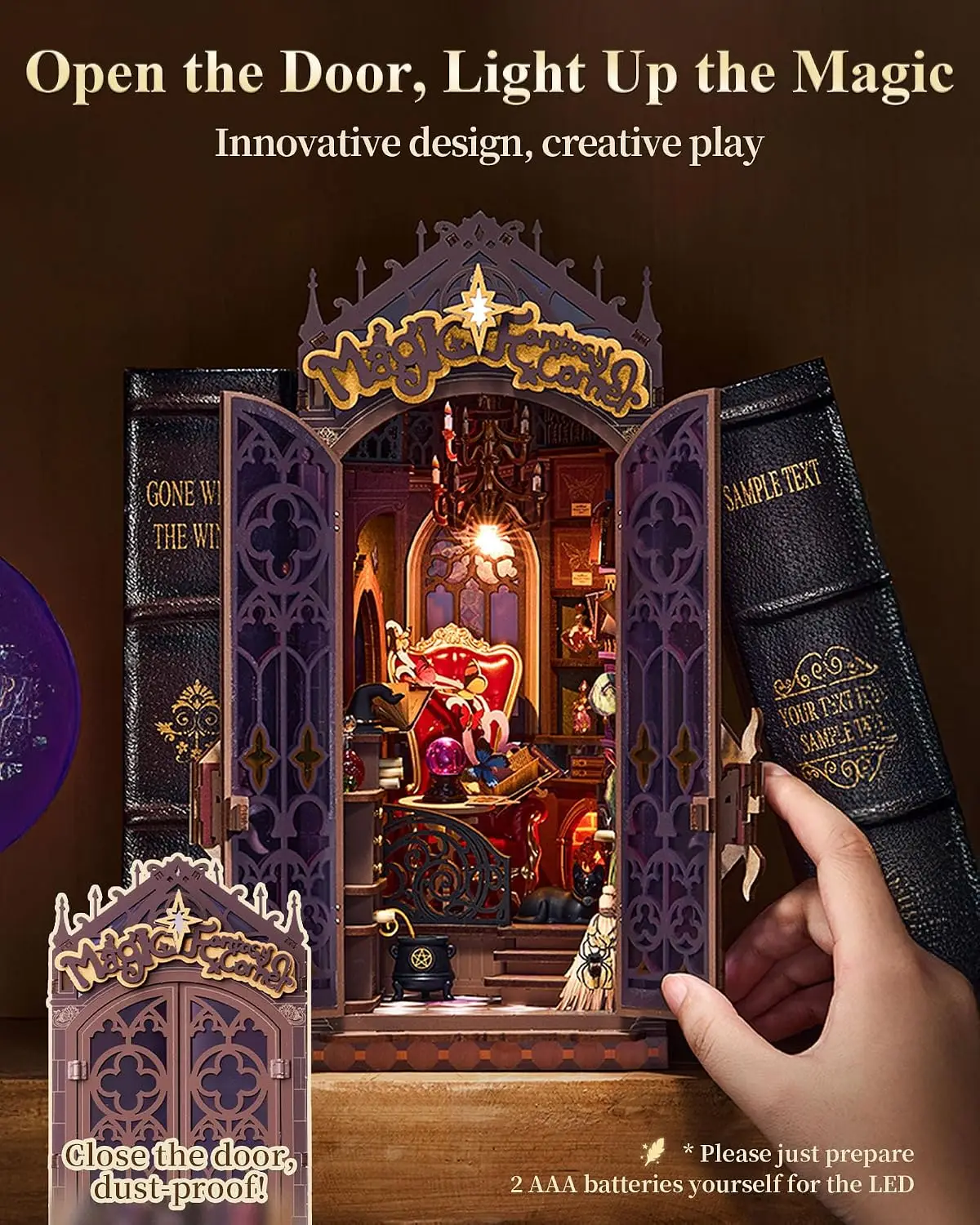 LED Book Nook Kit Magic Fantasy Corner 3D Creative Decorative Bookend DIY Bookshelf Insert for Halloween Christmas Decor