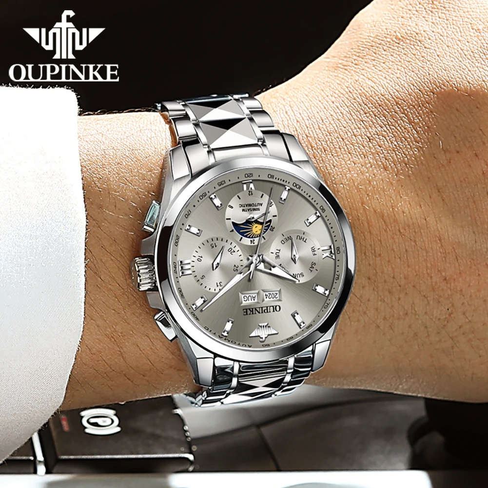 OUPINKE 3201 Watch For Men Moon Phase Mechanical Man Watch Waterproof Date Male Automatic Wristwatch Synthetic Sapphire Mirror