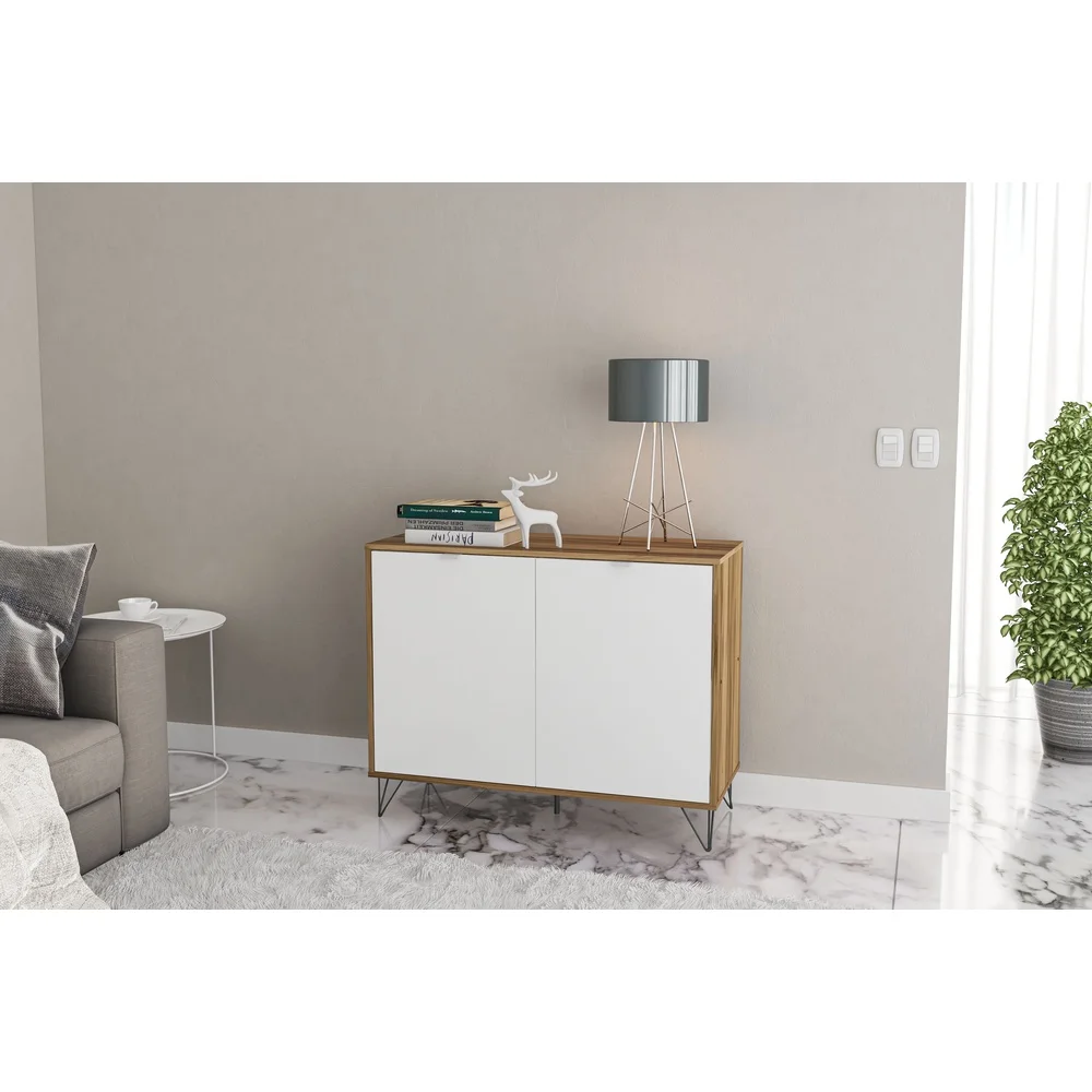 خزانة جانبية حديثة ببابين، رف قابل للتعديل، لمسة نهائية من الخشب والميلامين، أثاث تخزين مدمج، منظمة منزلية