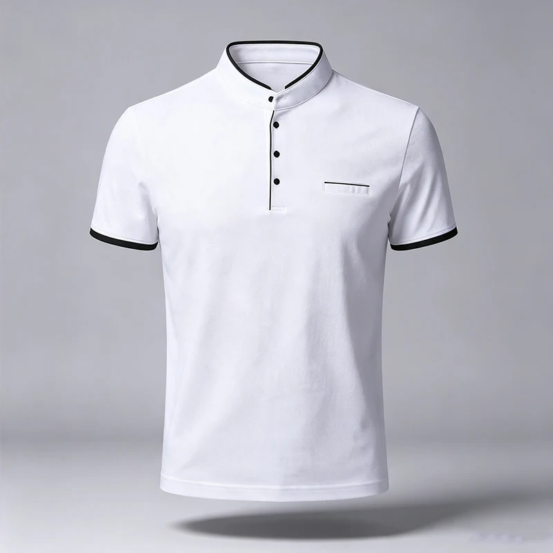 Herren-Polohemd mit normaler Passform, kurzen Ärmeln, Stehkragen und Brusttasche, ideal für Büro, Geschäftsumgebung und den Alltag in der Stadt. – Detail 7