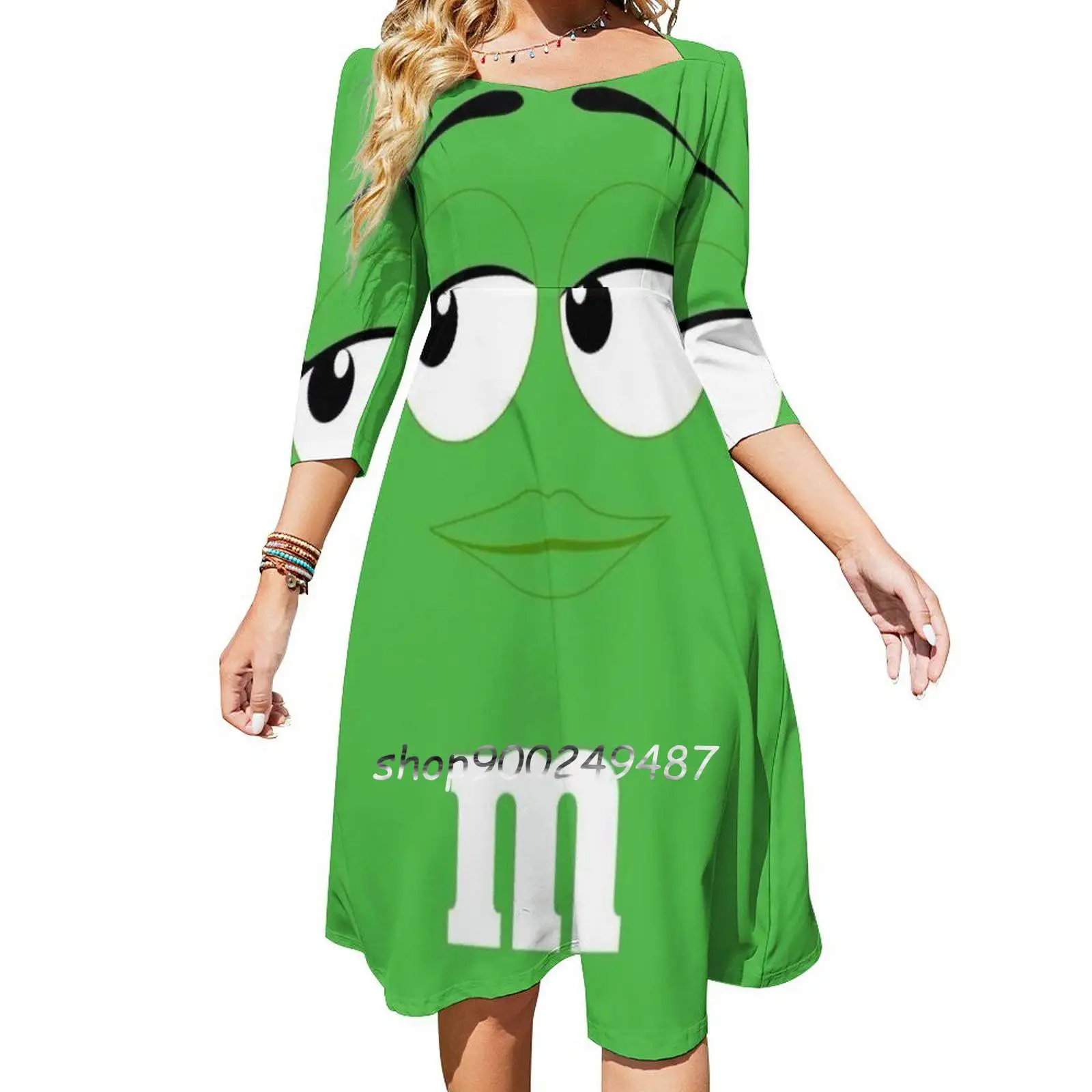 Green M&M Face Sweet Elegant Dress Women Korean Kawaii Square Collar Dress Green M M Face Halloween Costume Halloween Costume