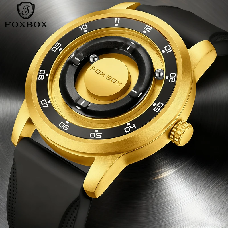 

FOXBOX Men's Watches Black Gold Fashion Floating Magnetic Pointer Free Ball Bearing Creative Silicone Waterproof Quartz Watch