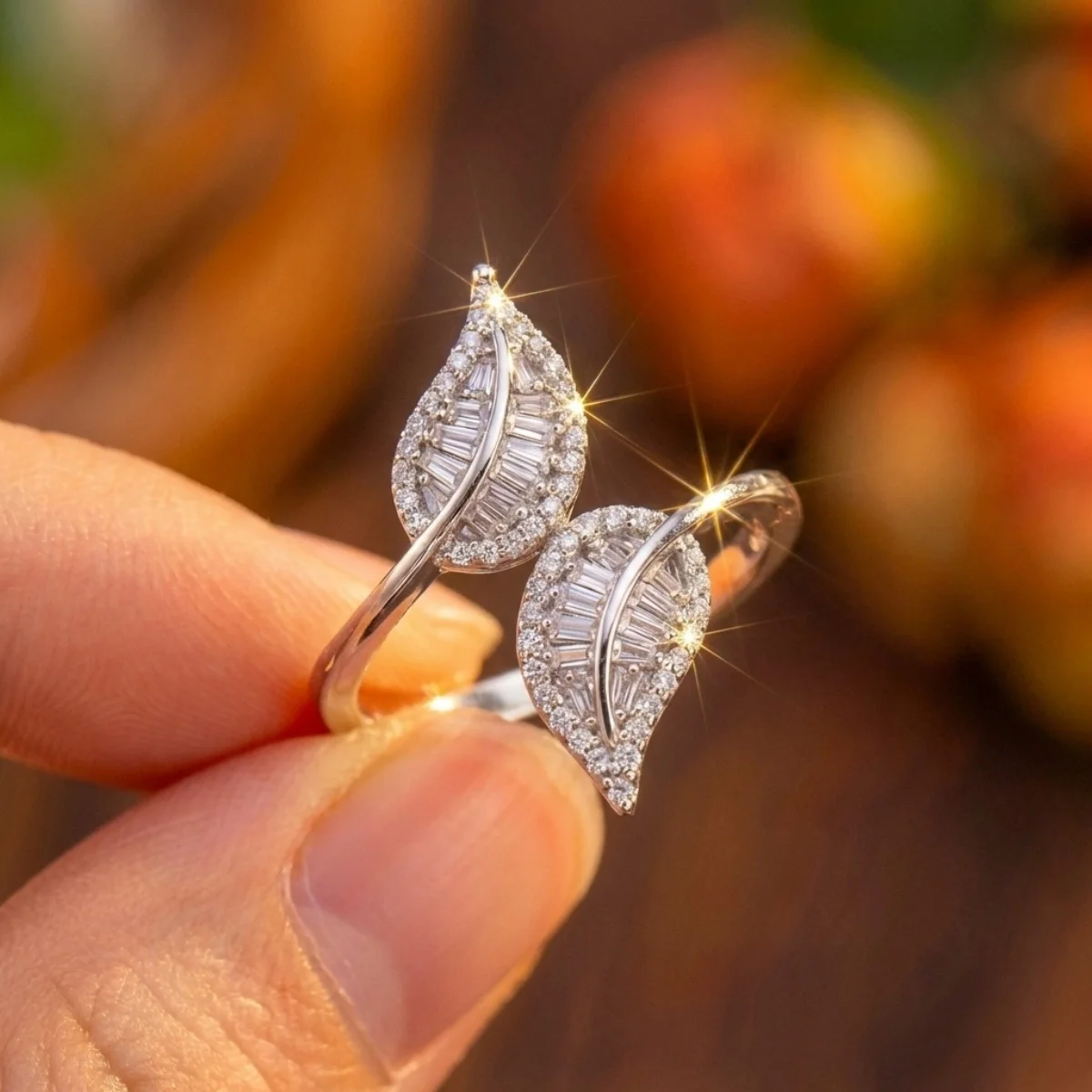 Vintage elegante, mit Blättern und CZ-Zirkon verzierte Öffnungsringe für Damen und Herren, zarter, glänzender Feder-Fingerring, Party- und Eheringe, Schmuck – Detail 16