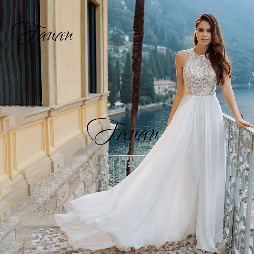 Elegante Halter senza maniche abito da sposa in pizzo Appliques Chiffon Backless abito da sposa robe de soirée de mariage