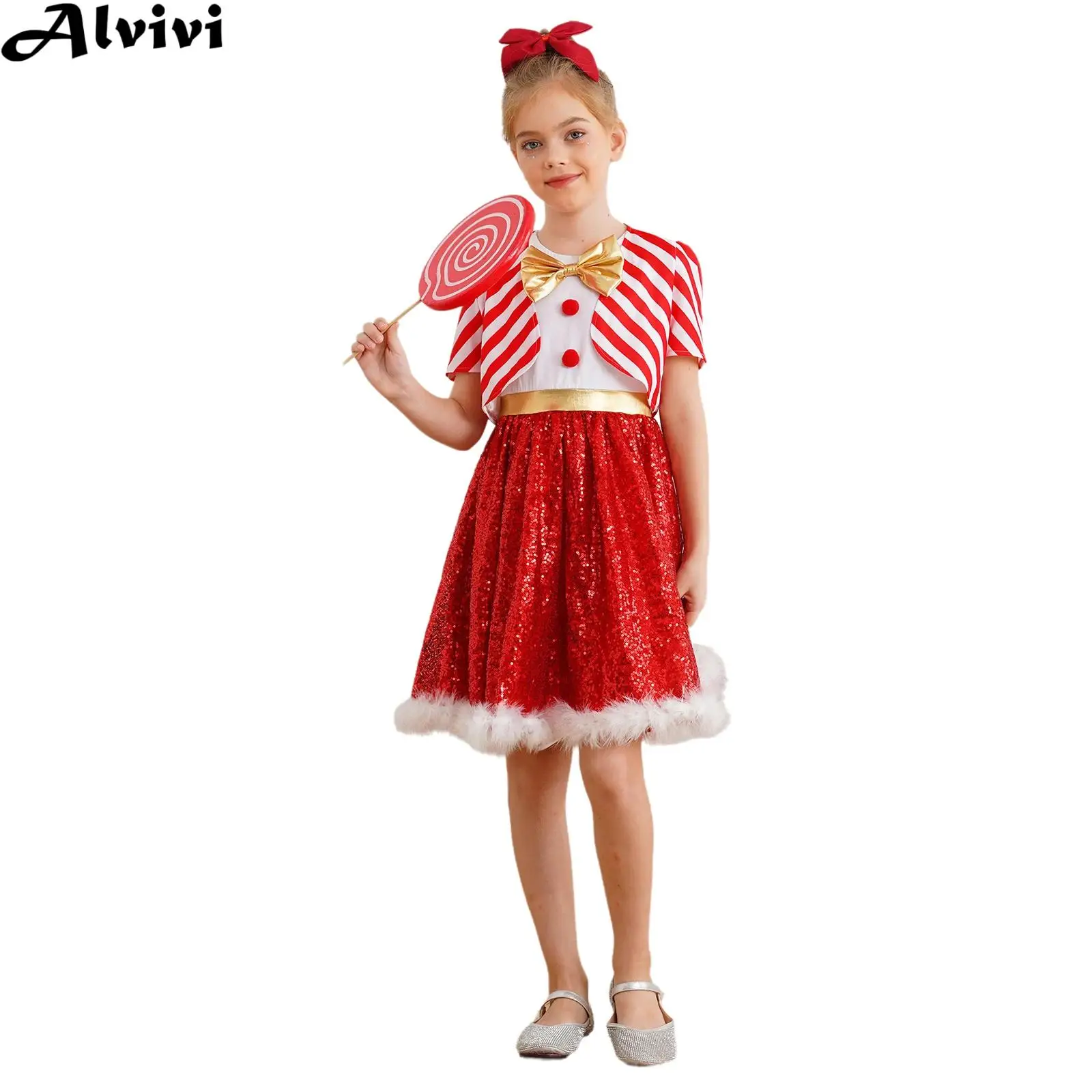 Kids Girls Christmas New Year Party Candy Cane Costume Sleeveless Sequins Tutu Dress with Striped Coat for Ballet Dance Skating