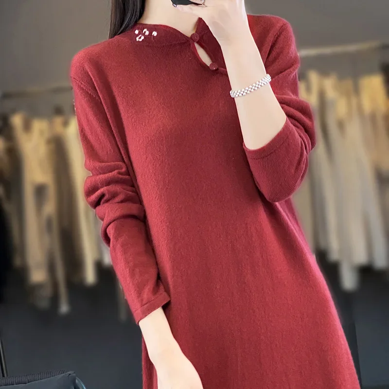 

Women's Stand-Up Collar Pure Wool Knitted Long Dress Loose Fit Embroidered Cashmere Skirt Bottoming for Autumn Winter