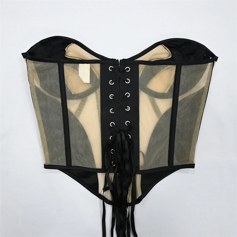 

Sexy Women Overbust Corset Tops Mesh Breathable Lace Up Boned Slimming Shaper Strapless Bustiers Korset