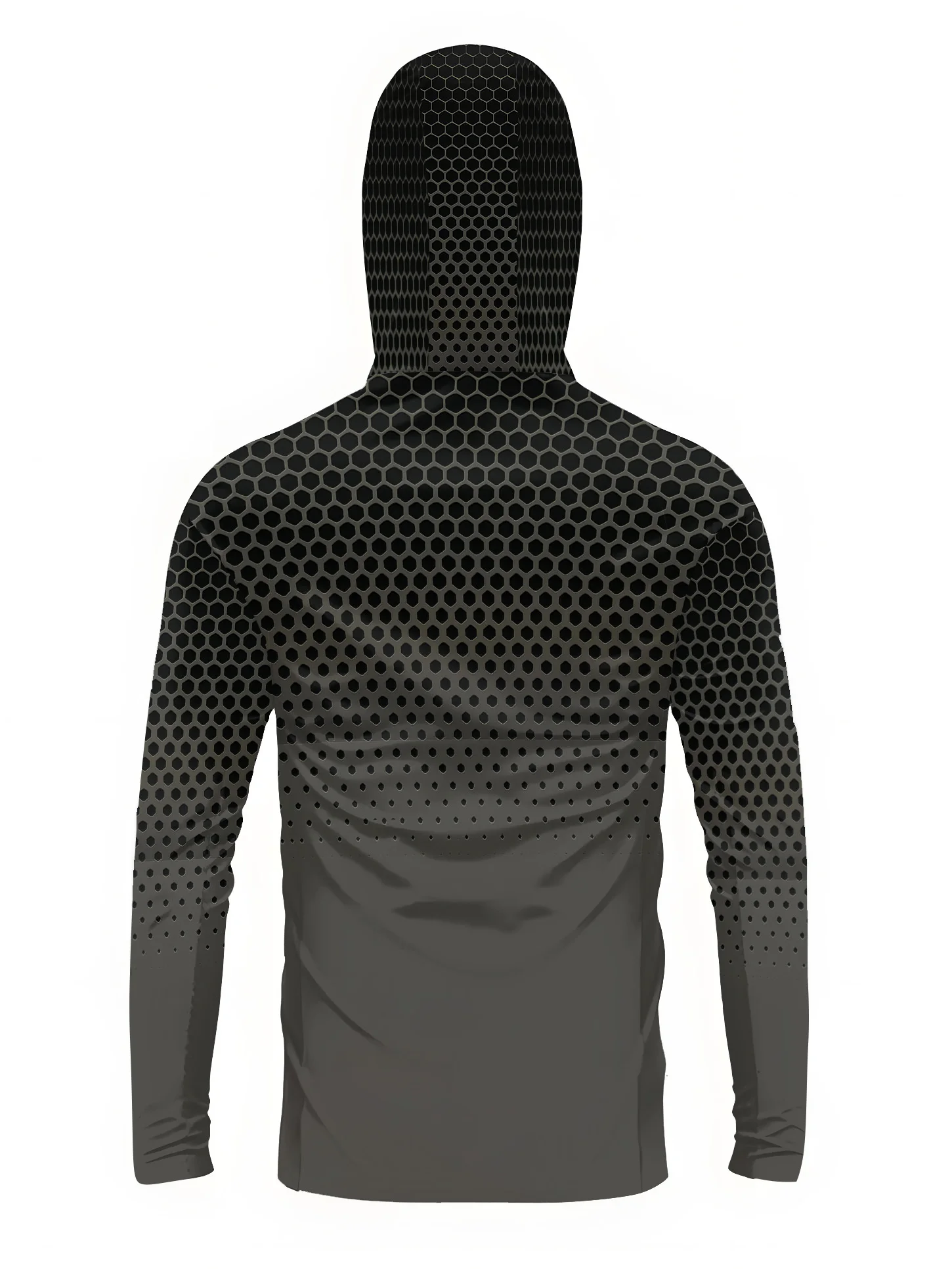 Grey Gradient Honeycomb Men Fishing Hooded Shirt Built‑in Face Cover UPF50+ Sun Protection Quick‑Dry Long Sleeve Outdoor Tops view 5