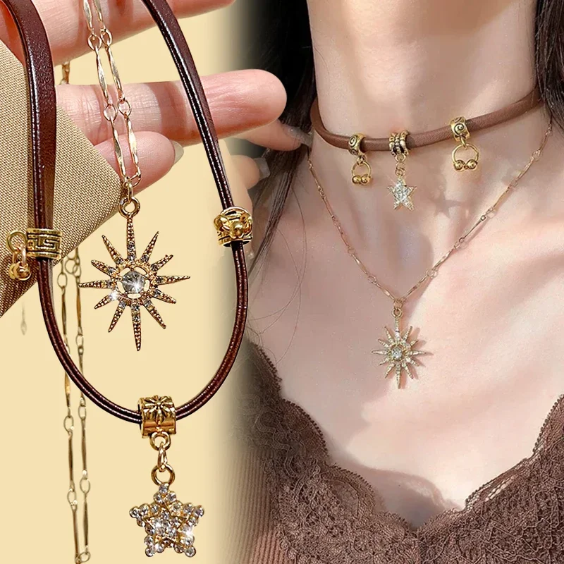 Vintage Bohemia Sun Star Zircon Necklace for Women Leather Necklace Double Layered Star Pendant Chain Choker Fashion Jewelry