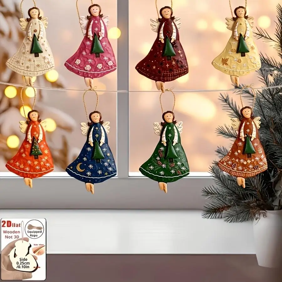 1/5/10/20/50/100pcs Set of 8 Multicolored 2D Flat Painted Angel Ornaments - Artificial Wood Ornaments, Suitable for Christmas Tr