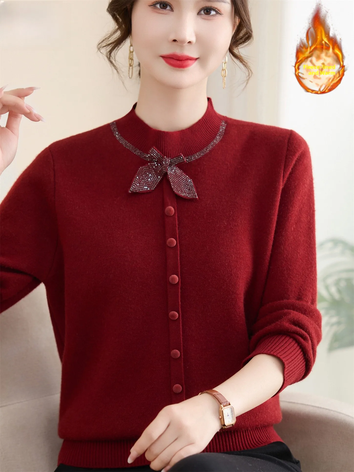 

Thiened Fce Lined Woolen irt for Women in Red Color with Button Detail Winter Casual Wear Suitable for Middle Aged And...