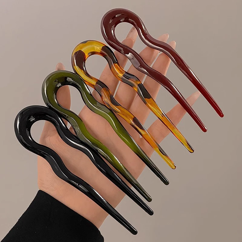 Vintage U-Shaped Hair Fork For Women Girls Geometric Tortoiseshell Acetate Hairpin Headwear Fashion Hair Sticks Hair Accessory