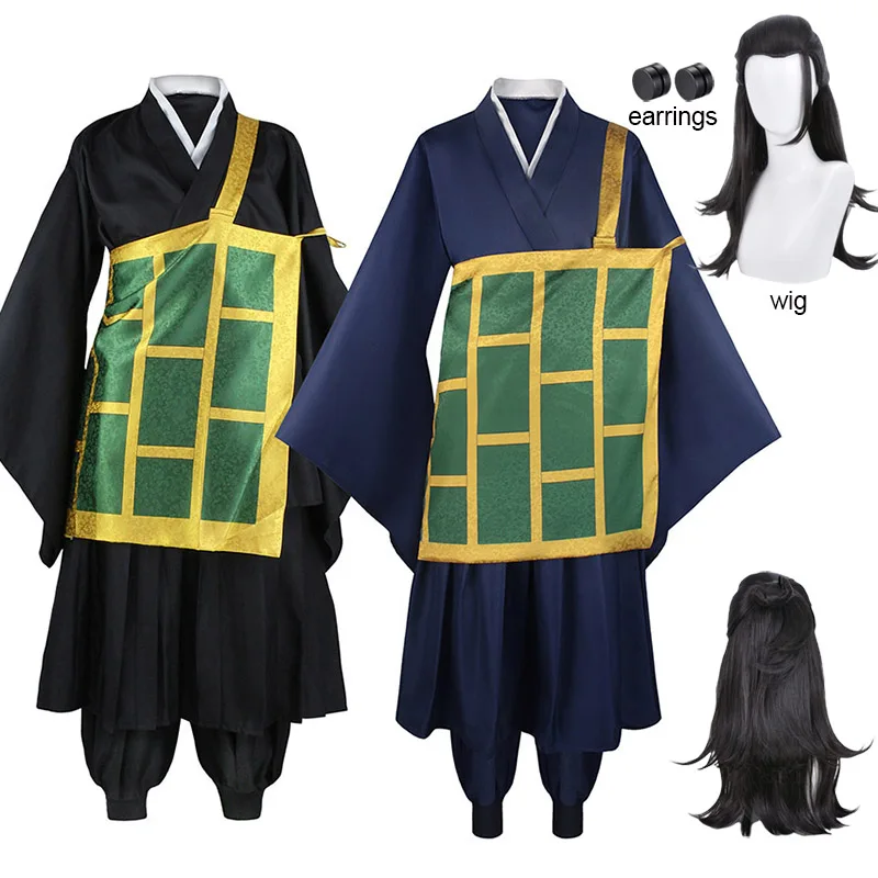 Geto Suguru-pendientes para disfraz de Cosplay, peluca, uniforme tipo kimono negro y azul, ropa de Anime, disfraces de Halloween para mujeres y hombres