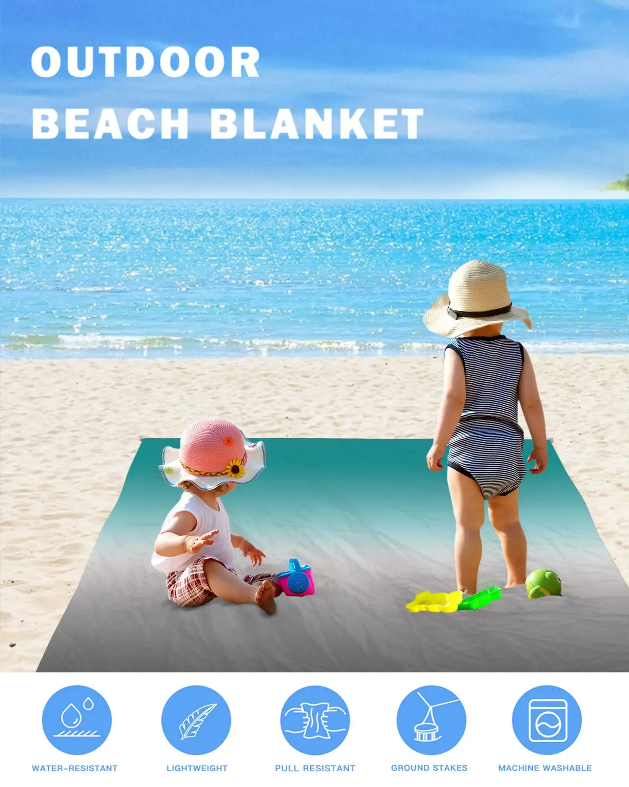 Outdoor Beach Blanket,Gradient Teal Grey Sandproof Waterproof Foldable Beach Blankets for Camping,Grass,Beach with Family,Friend