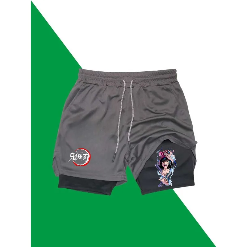 Hashibira Inosuke Print 2in1 Running Shorts Men Gym Workout Shorts with Phone Pocket Towel Loop Summer Sport Athletic Activewear