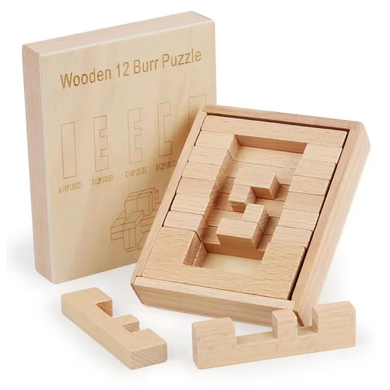 

New Twelve Difficult Problem Wooden Burr Puzzles Brainteasers for Adults & Kids IQ Logic Training Geometric Educational Toys