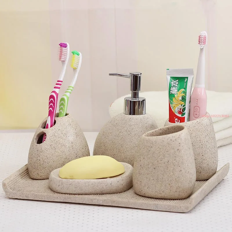 Resin Bathroom Accessories Emulsion Bottle High-grade Wash Gargle Cup Toothbrush Suit Banyo Aksesuarlari Soap Dish Washing set