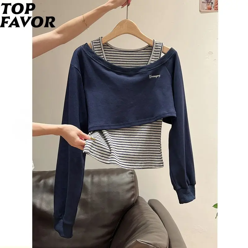 Designer Unique Off-shoulder Tops Women Two Piece Set Long Sleeve Striped Sweatshirt Fall Navy Hoodie Jacket Spring Outwear