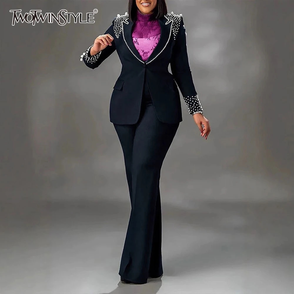 

TWOTWINSTYLE Solid Slimming Spliced Pearls Two Piece Sets for Women Lapel Long Slevves Patchwork Button Top Pants Set Female New