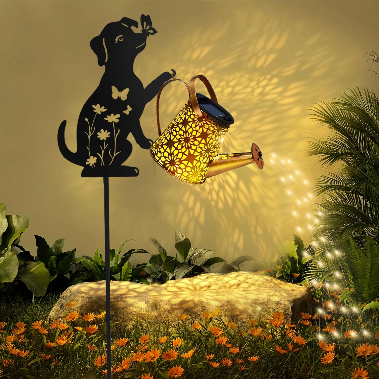 1 Outdoor Solar Cat/Dog Silhouette Watering Can Light - Hanging Solar Garden Decor for Lawn, Backyard, Pathway, and Patio
