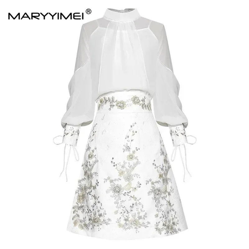 

MARYYIMEI Модельерский комплект Весенняя женская рубашка с рукавами-фонариками Топы + юбка с вышивкой и блестками Комплект из двух предметов