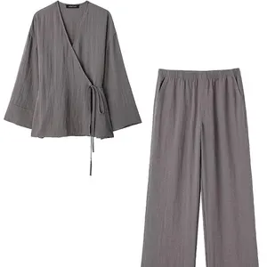 TRAFZA-المرأة خمر أحادية اللون بلوزة طويلة الأكمام الخامس الرقبة الدانتيل قميص مرن الخصر عارضة السراويل بيجامة نمط مجموعات أفضل 12 مجموعة اجتماعية للمبيعات والبلوزات - No7