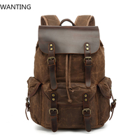 Casual Oil Wax Canvas Backpacks Vintage Waterproof Large Capacity Travel Bag Women Mochila Leather Laptop Drawstring Rucksack
