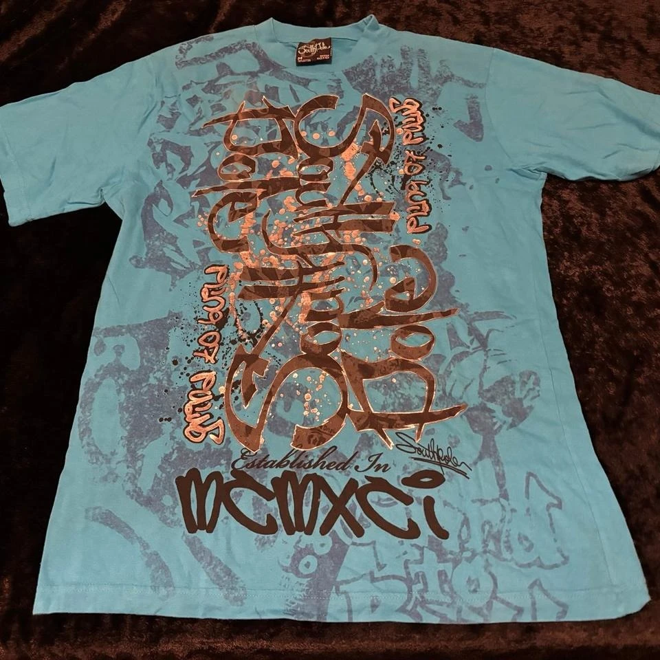 90s Southpole Water Blue Cotton Tshirt Gold Foil Print Graffiti Lettering Hip Hop Streetwear Graphic Tee Oversize Short Sleeves