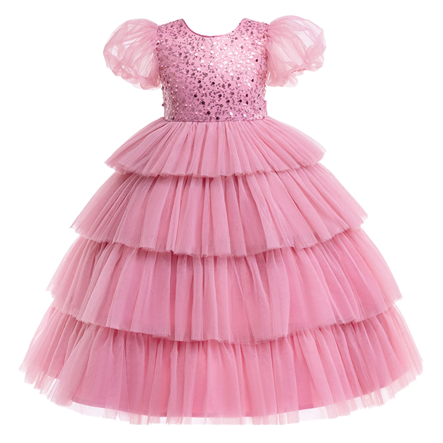 Charlotte Stylish Little Big Girls Sequined Puff Sleeves Layered Ruffled Cupcake Tutu Dress Pageant Dance Party Dress