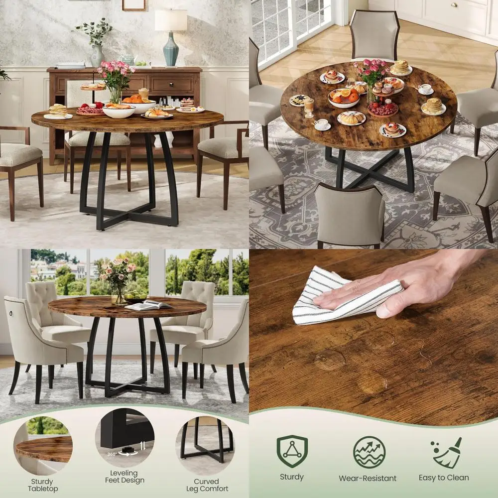 

Rustic Brown 47.2 Round Dining Table with Retro Style and Curved Legs for Family Meals