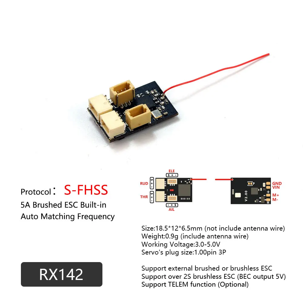 AEORC RX14 Mini Receiver Integrated 5A/1S Brushed ESC for Micro Indoor Airplanes Support S-FHSS DSMX/2 Frsky-D16 TELEM