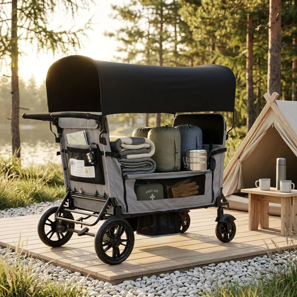 Chariot de jardin pliable 4 places 138x126x72cm, gris clair, cadre en acier, siège inclinable convertible et réglable