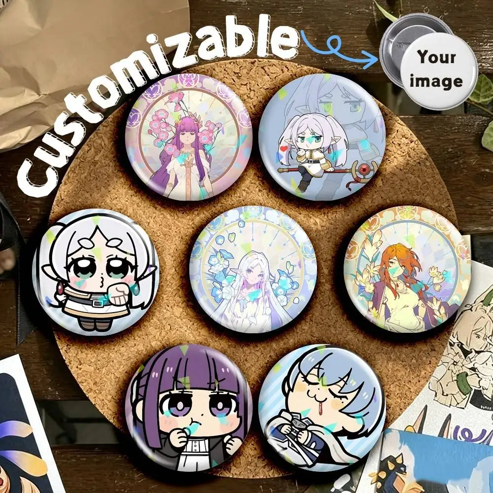 Cute F-Frieren Chibis Official Art Round Brooch Pins, Personalized Badges With Broken Glass Design Fashion Accessory