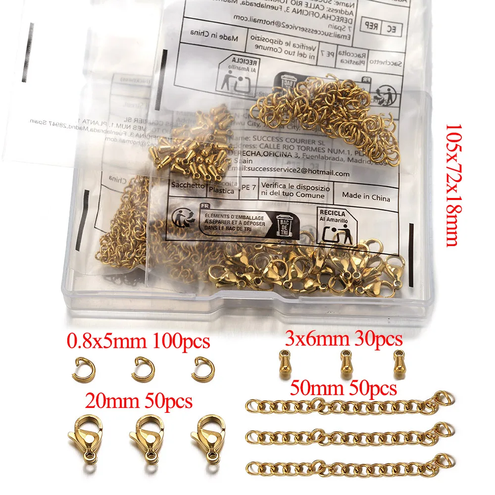 200個/箱 ステンレス製ロブスタークラスプ オープンジャンプリング エクステンションチェーン 水滴チャームキット DIYジュエリー製作アクセサリー用
